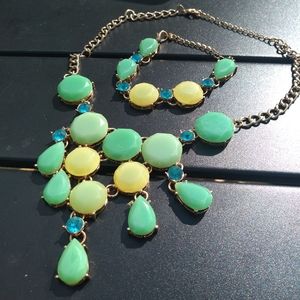 Green & Turquoise Statement Necklace, Gold Chain, with Matching Bracelet